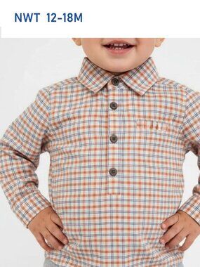 ME & HENRY Orange Navy Plaid Woven Bodysuit - Size 12/18m